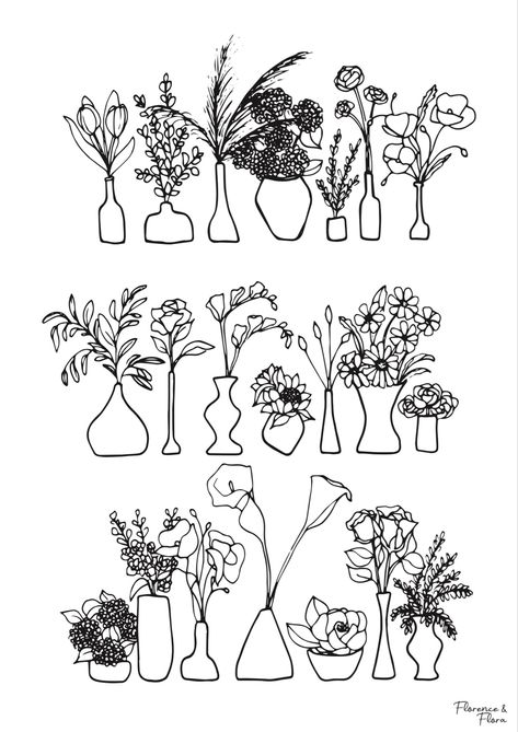 Flower Vase Drawing, Mini Flower Vase, Mini Vases, Line Art Flowers, Flower Tattoo Back, Small Flower Pots, Flower Outline, Flowers In Jars, Line Flower