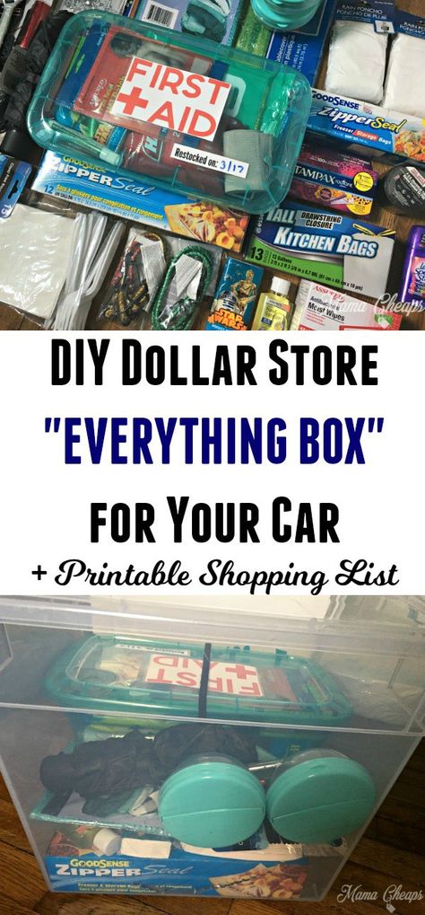 DIY Dollar Store “EVERYTHING BOX” for Your Car + Printable Shopping List - a MUST-HAVE for your car!! Car Printable, Car Organization Diy, Car Emergency Kit, Printable Shopping List, Emergency Preparedness Kit, First Cars, Car Essentials, Emergency Prepping, Car Hacks