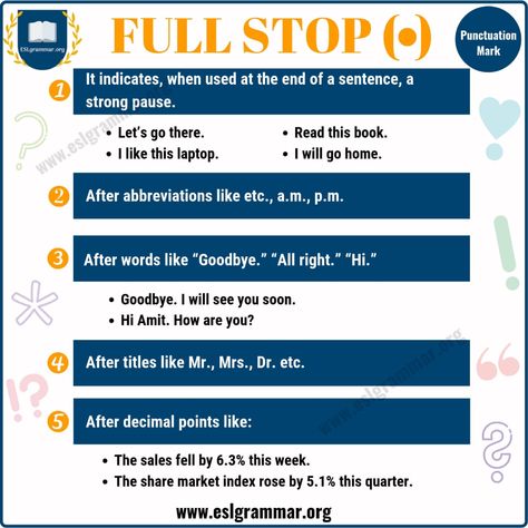 FULL STOP (.) Meaning and Examples (Period Punctuation) - ESL Grammar Grammar Chart, Punctuation Worksheets, Esl Grammar, Abc School, Grammar Posters, English Teaching Resources, Grammar And Punctuation, Essay Writing Skills, Full Stop