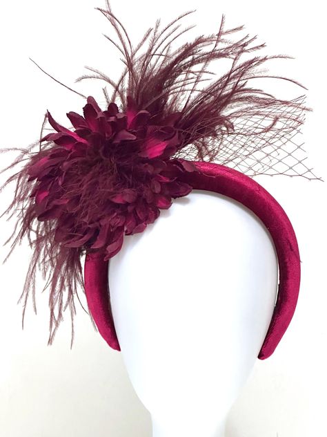 Burgundy Fascinator Hat Feather Headband, Red Wine Velvet Headband, Wedding Fascinate, Dark Red Wine Feather Hat  Fascinator Church  Hat Burgundy Fascinator, Red Hair Pieces, Deep Red Hair, Dark Red Velvet, Hat Fascinator, Church Hat, Flower Fascinator, Headband Wedding, Fascinator Headband