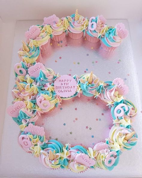 Number 6 Cupcakes Design, Number 6 Cupcakes, 10 Cupcake Cake Number, Sweet Sassy And Six Birthday Cake, Number 6 Cupcake Cake, Girly Cupcakes Birthday, Cupcake Number Cake, Sassy And Six Birthday, Sweet Sassy And Six Birthday