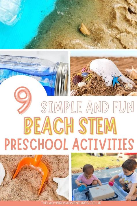 5 photos of beach themed kids activities and text reads 9 simple and fun beach stem preschool activities Beach Science Activities Preschool, Beach Stem Activities, Beach Science Activities, Beach Science, Classroom Stem Activities, Science Activities For Preschoolers, Beach Theme Preschool, Stem Activities Kindergarten, Stem Activities Preschool