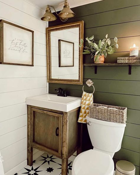 Shiplap Half Bath with Accent Wall - Soul & Lane Farmhouse Half Bath, Olive Green Bathrooms, Windowless Bathroom, Small Half Bathroom, Dark Green Bathrooms, Farmhouse Bathroom Design, Green Accent Walls, Shiplap Bathroom, Bathroom Accent Wall