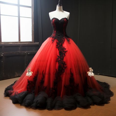 Black Red And White Wedding Dress, Wedding Dress Red And White, Red Wedding Dress Plus Size, Red And Black Dresses, Wedding Dresses Red, Red And Black Gown, Bell Sleeve Wedding Dress, Red Wedding Gowns, Black Red Wedding