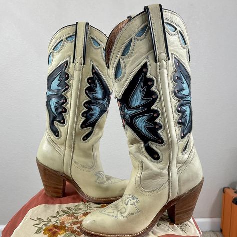 VINTAGE BUTTERFLY 🦋 COWGIRL BOOTS great condition,... - Depop Butterfly Cowboy Boots, Blue Cowboy Boots Aesthetic, Cowboy Boots Butterfly, Butterfly Wing Boots, Boots With Butterflies, 60s Boots, Cowgirl Boots Cavender's, Blue Cowgirl Boots, Mexican Boots