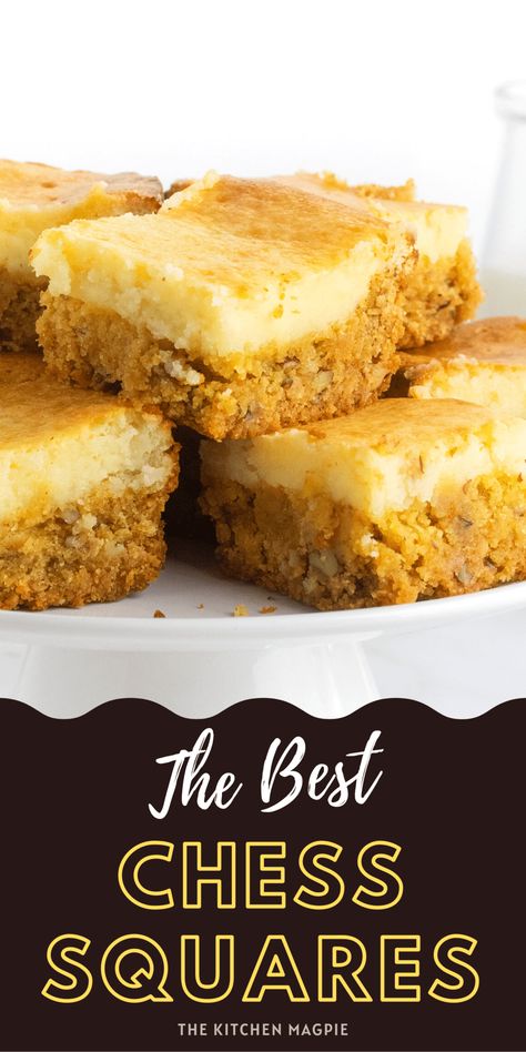 Chess Squares are an easy and amazing dessert. Creamy, crunchy, and smooth, they are some of the best things to come out of the South recipe-wise! Chess Squares Paula Deen, Chess Cake Squares, Easy Chess Bars, Old Fashioned Squares, Chess Squares From Scratch, Chest Squares Recipe, Chess Bars Easy, Chess Cake Recipe Easy, Chess Pie Squares