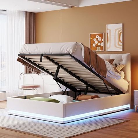 Bed With Hydraulic Storage, Bed Full Size, Full Size Upholstered Bed, Bed Designs With Storage, Old Bed Frames, Lighting Pattern, Bed Full, Modern Platform Bed, Led Light Design