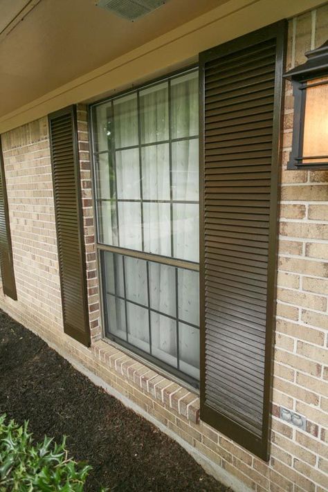 Shutters On A Brick House, Brick House With Brown Trim, Black Shutters On Brick House, Shutters On Blonde Brick House, Brown Roof Brick House, Brown Shutters On Brick, Tan Brick House With Black Trim, Brown Brick Ranch House Exterior, Buff Brick House Exterior