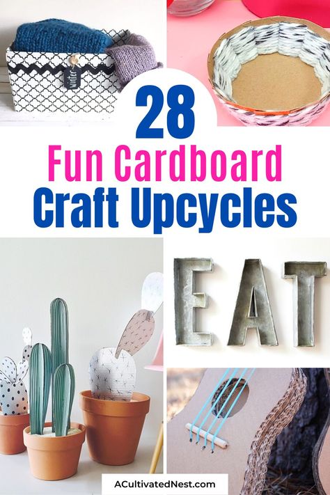 28 Clever Cardboard Craft Ideas- A fun way to recycle your cardboard delivery boxes is with these clever cardboard craft upcycle ideas! There are so many cute cardboard box upcycles you can do! | things to make with cardboard boxes, #recycling #upcycling #craftIdeas #DIY #ACultivatedNest Things You Can Do With Cardboard, Art Using Cardboard, Cardboard Box Upcycle, Things To Make With Cardboard Boxes Easy, Corrugated Cardboard Crafts, What To Make Out Of Cardboard, Crafts With Cardboard Boxes, What To Do With Cardboard, Crafts From Cardboard