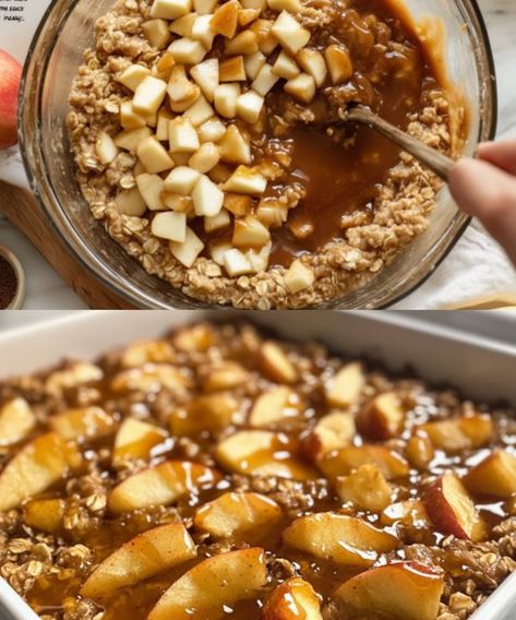 Grandma's tricks & Tips Apple Oatmeal Bake, Caramel Apple Oatmeal, Oatmeal Bake, Apple Oatmeal, Baked Oatmeal, Caramel Apple, Rolled Oats, Caramel Apples, 2 Cups