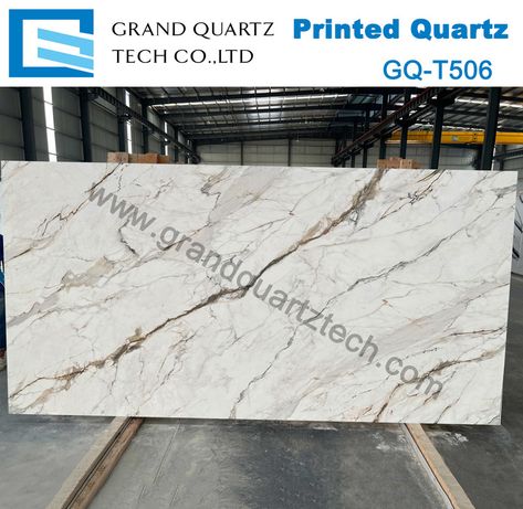 Calacatta Brown Vein Printed Quartz Slabs for Sale GQ-T506 Size: 126" x 63" (55sqft) Thickness(es): 2CM (3/4 inch) Color: Brown, white GQ-T506 printed quartz features a natural stone look with fascinating through-body brown veinings, perfectly imitating the eternal elegance of natural marble, it's ideal for those who desire the look of natural stone with the practicality of quartz. Calacatta Brown Quartz, White Granite With Brown Veins, Quartz Countertops With Beige Veining, White Quartz With Brown Veins, Quartz With Brown Veining, Quartz White Countertops, Brown Quartz Countertops, Beige Quartz Countertops, Quartz Calacatta