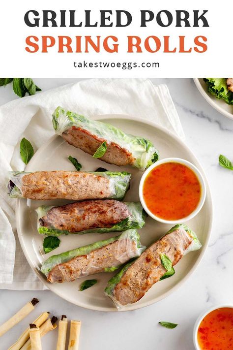 These delicious Nem Nướng Cuon or grilled pork spring rolls are packed with vibrant Vietnamese flavors, fresh herbs, and pairs with lime garlic fish sauce. They are pretty simple to make, all you need is a little patience, a food processor, and a trip to your local Vietnamese grocery store and you are ready to go! Fresh Spring Rolls Recipe, Vietnamese Fresh Spring Rolls, Vietnamese Spring Rolls Recipe, Nem Nuong, Pork Spring Rolls, Vietnamese Grilled Pork, Vietnamese Pork, Pork Egg Rolls, Vietnamese Spring Rolls