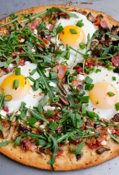 Bacon Breakfast Pizza: 2 Ways - Smile Sandwich Tortilla Breakfast Pizza, Bacon Breakfast Pizza Recipe, Arugula Breakfast, Breakfast Pizza Recipes, Goat Cheese Breakfast, Arugula Pizza, Breakfast Pizza Recipe, Goat Cheese Pizza, Tyson Foods