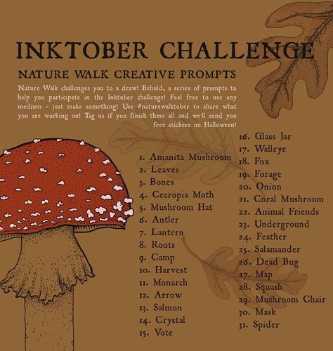 NATURE WALK on Instagram: “🍄 We challenge you to a draw! 🎃 A creative prompt for you each day of October. Finish the list by October 31st for free stickers shipped to…” November Writing Challenge, Nature Drawing Prompts, November Art Prompts, October Drawing Prompts, Monthly Drawing Challenge, October Drawing Challenge, October Drawings, Sketch Prompts, Fantasy Inspo