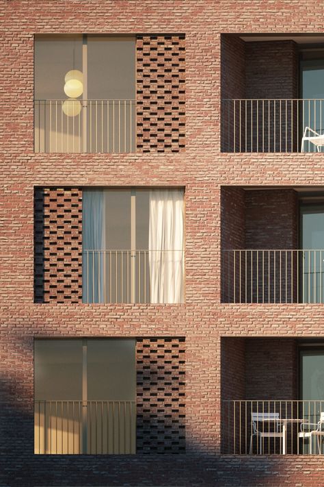 Red Facade Architecture, Balcony Facade Architecture, Brick Residential Architecture, Brick House Facade, Modern Brick Facade, Brick Building Architecture, Modern Brick Building, Brick Balcony, Wood Facade