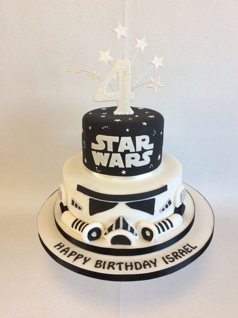 2 Tier Star Wars themed birthday cake with Stormtrooper detail bottom tier Star Wars Stormtrooper Cake, Star Wars Torte, Star Wars Kids Party, Storm Trooper Cake, Star Wars Happy Birthday, 40th Birthday Cakes For Men, Star Wars Themed Birthday Party, Star Wars Birthday Cake, Star Wars Cake