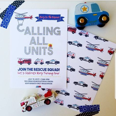 Ambulance Birthday Party, Police Birthday Party, Rescue Helicopter, Police Birthday, Firetruck Birthday Party, Boy Birthday Party Themes, Firetruck Birthday, Trucks Birthday Party, Birthday Thank You Cards