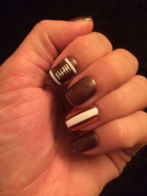 Cleveland Browns #gobrowns #football #nfl #clevelandbrowns #clevelandbrownsnailart #clevelandbrownsnails Cleveland Browns Nail Art, Cleveland Browns Nails, Nfl Nails, Corn Rows, Brown Nail Art, Football Nails, Browns Game, Go Browns, Snail Art