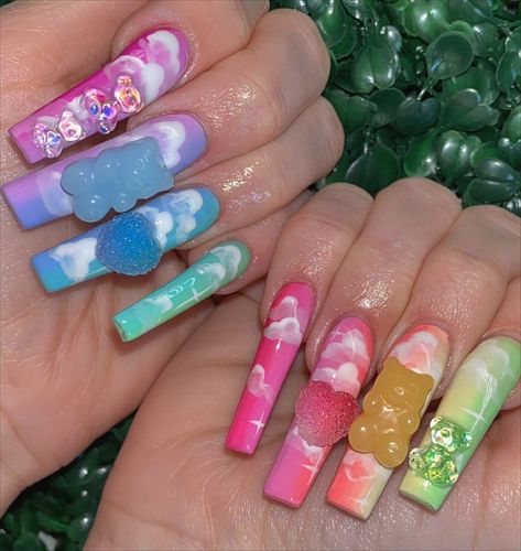 Bear On Nails, Gummy Bear Nails Acrylic, Candy Land Nails, Candy Nails Designs, Care Bear Nails, Gummy Bear Nails, Bear Nails, Character Nails, Bright Summer Acrylic Nails