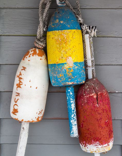 Lobster buoys in Kennebunk, Maine. One of the best parts of any Maine vacation is the abundance of tasty lobster rolls and other lobster dishes at every restaurant and roadside shack in the state.  Photo by Andrew Rhodes. Buoys Diy, Buoys Art, Buoy Decor, Kennebunk Maine, Lighthouse Photography, Lobster Dishes, Lobster Buoys, Maine Photography, Lobster Trap