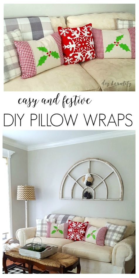 These easy DIY pillow wraps are a great way to temporarily add a festive touch to your existing pillows! The step-by-step tutorial is available at www.diybeautify.com! Pillow Wraps, Food Gift Ideas, Sew Pillow, Christmas Pillows Diy, Diy Pillow, Bed Plans, Festival Diy, Sewing Pillows, Christmas Pillows