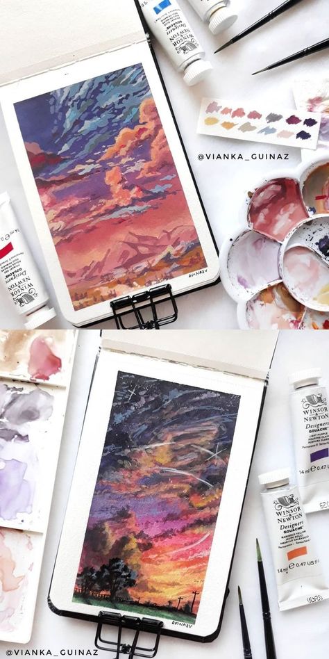 Vianka Guinaz on Instagram #art #painting #watercolor #gouache #sketchbook #clouds #sky #landscape #sunset #sunrise #dusk #dawn Vianka Guinaz, Gouache Sketchbook, Art Painting Watercolor, Painting Sketchbook, Instagram Painting, Gouache Art, 수채화 그림, Arte Sketchbook, Arte Inspo