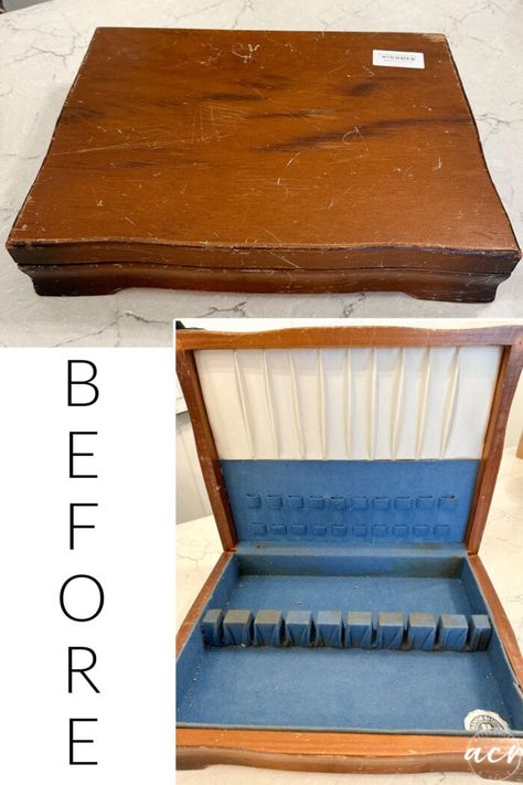 Silverware Boxes Upcycle, Repurpose Silverware Boxes, Silverware Box Makeover, Flatware Box Makeover, Repurposed Wooden Box, Wooden Silverware, Fair Crafts, Flatware Box, Flatware Chest