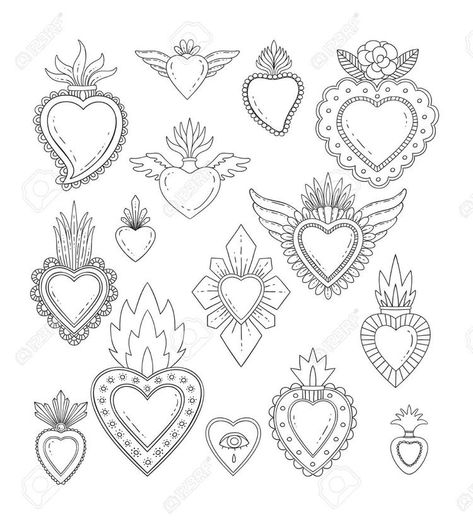 Tattoo Line Art, Mexican Heart, Sacred Heart Art, Sacred Heart Tattoos, Tattoo Diy, Cross Tattoos, Heart Drawing, Music Tattoos, Tin Art