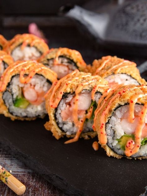 Beef Sushi Recipes, Las Vegas Roll Sushi Recipe, Sushi Salmon Bake, Salmon Bake Recipe, Sushi Fried, Spicy California Roll, Food Polls, Beef Sushi, Salmon Bake