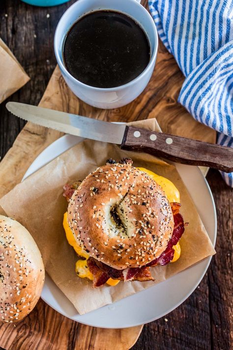 New York-Style Bacon, Egg, and Cheese Bagel Sandwich Cheese Bagel Sandwich, Easy Breakfast Sandwich, Coffee And Bagel, Bagel Breakfast Sandwich, Monte Cristo Sandwich, Egg And Cheese Sandwich, Cheese Bagels, Breakfast Bagel, Bacon Egg And Cheese