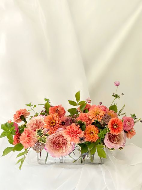 Dinner Table Floral Arrangements, Dinner Table Flowers Centerpiece Ideas, Low Table Arrangements, Low Rectangular Centerpieces, Long Low Centerpieces, Long Flower Arrangements For Table, Low Profile Table Centerpiece, Long Low Flower Arrangement, Long And Low Floral Centerpiece