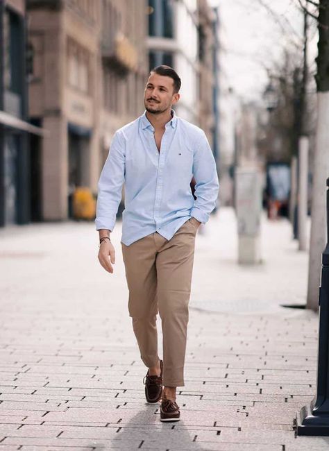 [CommissionsEarned] Looking For A Stylish Khaki Pants Outfit Men Can Wear? Get Streetwear Outfit Ideas With Khaki Pants And Brown Shoes For Casual Summer Days, Work, And Classy Or Formal Events (Wedding Guest). Master The Khaki Pants Aesthetic In A Modern Way! #formalweddingguestdressmen Khaki Pants Outfit Men Formal, Light Khaki Pants Outfit, Khaki Chinos Men Outfits, Khaki Pants Outfit Men, Boat Shoes Outfit, Blue Chinos Men, Casual Shirts Outfit, Chinos Men Outfit, Light Blue Chinos