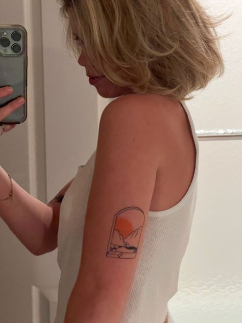 Sunset Tattoo With Color, Square Arm Tattoo, Back Of Arm Tattoo Placement, Tattoo Placements On Arm, Upper Arm Tattoo Placement Women, Window Tattoo Ideas, Square Tattoo Placement, Tattoo Back Of Arm Above Elbow, Tattoo On Back Of Arm Above Elbow