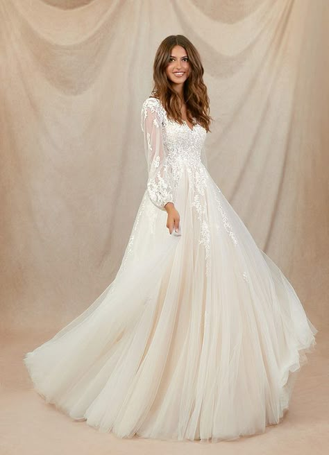 Diamond White/Champagne Azazie Anadia Wedding Dress Wedding Dresses | Azazie Billowy Sleeve Wedding Dress, A Line Wedding Dress With Sleeves, Wedding Dress Embroidered, Modest Lace Wedding Dresses, Chapel Train Wedding Dress, Wedding Dress Flowy, White Champagne, Pretty Wedding Dresses, Wedding Dress Lace