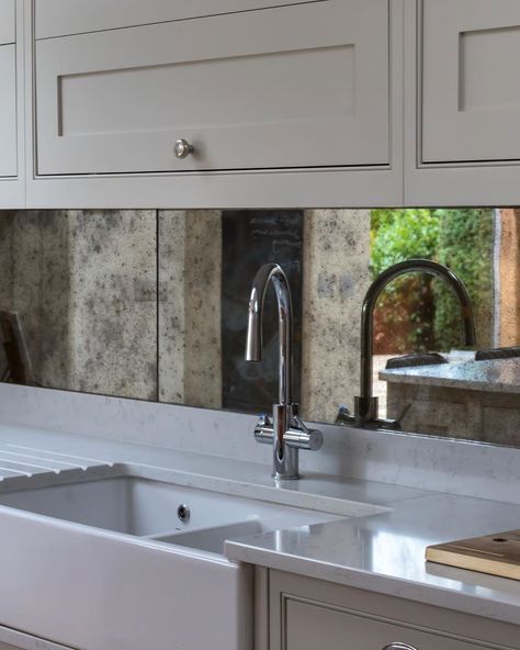 love this elegant Shaker kitchen by @planetfurnitureltd featuring an @PerrinandRowe Belfast sink and ofcourse our very own Really Rough toughened Antique Mirror Splashback panels. Kitchen Mirror Tiles, Mirror Kitchen Tiles, Kitchen Antique Mirror, Kitchen Antique Mirror Splashback, Antique Mirror Kitchen Splashback, Antique Glass Splashback Kitchen, Backsplash Mirror Kitchen, Antique Mirror Kitchen Backsplash, Kitchen Sink Splashback Ideas