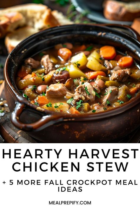 A hearty bowl of chicken stew filled with vegetables and herbs, perfect for Fall Crockpot Meals. Crockpot Stews And Soups, Crockpot Chicken Stew Recipes, Crockpot Fall Meals, Chicken Stew Crockpot, Crockpot Stew Recipes, Meals To Meal Prep, Fall Crockpot Meals, Crockpot Chicken Stew, Crockpot Soups And Stews