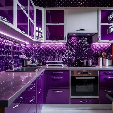 Purple Aesthetic Apartment, Purple Kitchens, Colorful Boho Kitchen, Purple Lifestyle, Purple Kitchen Designs, Everything Purple, Purple Kitchen Decor, Purple Kitchen Accessories, Vibrant Kitchen