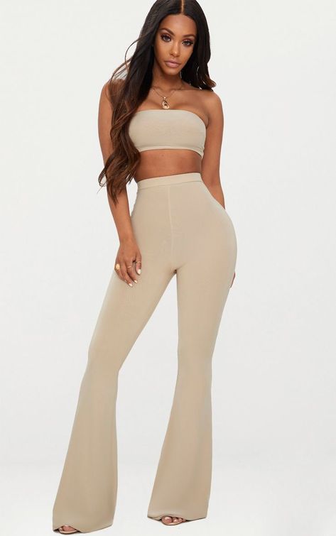 Shape Stone Slinky Flared Trousers Curvy Pants, Bandeau Crop Top, Flared Trousers, Fashion Nova Jeans, Cropped Blazer, Flared Pants, Neutral Tones, Strappy Heels, High Jeans