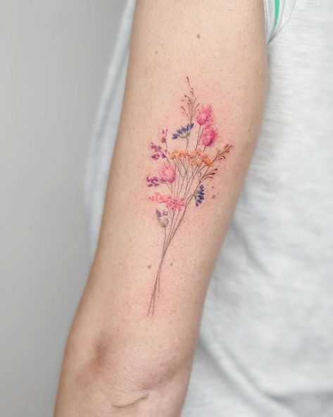 Wild imaginary flowers/ fleurs des champs . Done at @desoleepapa . . . . . #floraltattoo #fleurstattoo #flowertattoo #botanicaltattoo… | Instagram Fine Line Floral Tattoo Color, Fine Line Flower Tattoo With Color, Wild Flower Fine Line Tattoo, Floral Colour Tattoo, Fine Line Tattoo With Color, Color Wildflower Tattoo, Fine Line Color Tattoo, Flower Colour Tattoo, Sun Cloud Tattoo