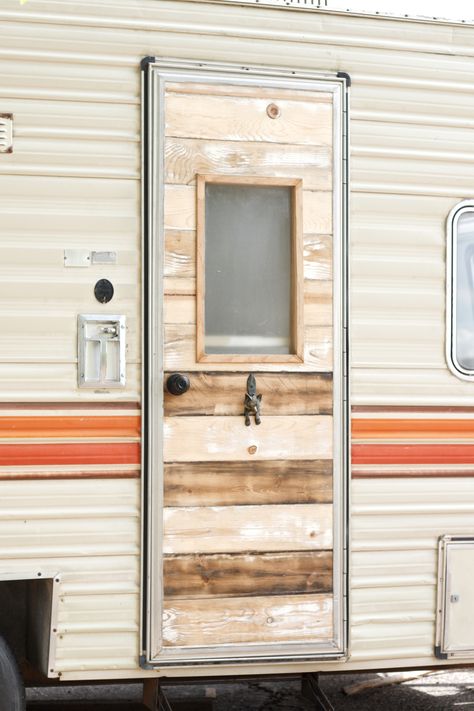 1973 Camper trailer Remodel - barn wood door - rv renovation - van life - tiny home - tiny house Diy Camper Door Replacement, Camper Remodel Exterior, Rv Door Makeover, Wood Camper, Caravan Design, Salvaged Wood Furniture, Boho Camper, Camper Build, Camper Reno