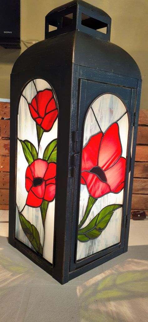 Ikea Lanterns, Stained Glass Lantern, Painted Lanterns, Stained Glass Window Clings, Lantern Painting, Glass Painting Patterns, Battery Candles, Making Stained Glass, Stained Glass Decor