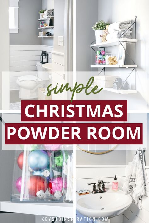 Powder Room Christmas Decor Ideas, Christmas Powder Room Decor, Christmas Half Bath Decor, Half Bath Christmas Decor, Small Bathroom Christmas Decor Ideas, Powder Room Christmas Decor, Christmas Powder Room, Christmas Tree 2023 Trends, Christmas Tree Farmhouse Style