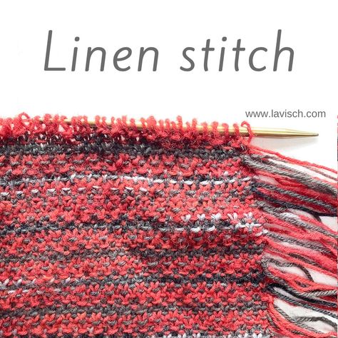 A knitting needle with a project in linen stitch on it, in the colors gray, red, variegated black & gray's. The project is edged with fringe. Slip Stitch Knitting, Contemporary Knitwear, Linen Stitch, Knit Stitch Patterns, Knitting Techniques, Sock Yarn, Knitting Stitches, Slip Stitch, Knitting Inspiration