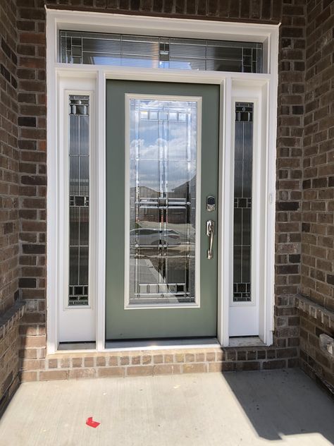 Saratoga Full Glass - Painted SW6186 Dried Thyme - BN Camming Painted Leaded Glass Front Door, Seedy Glass Front Door, Front Monty Glass Design, Satin Etch Glass Front Door, Front Door Step, Front Door Images, 3/4 Door Smoked Glass With Clear Sidelights, Front Door Steps, Entry Doors With Glass