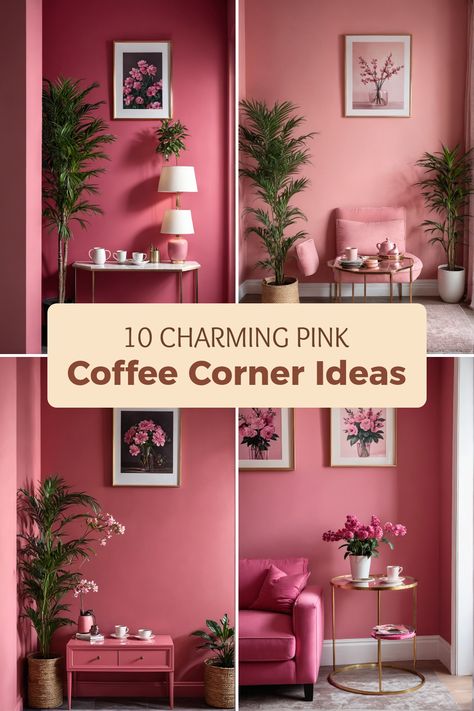 Discover 10 charming pink coffee corner ideas featuring stylish decor, pastel decorations, and floral inspirations. This pin showcases vibrant chic layouts with 4 incredible images aimed at transforming your favorite coffee spot into a cozy, stylish paradise. Coffee Nook Ideas, Coffee Corner Ideas, Coffee Corners, Cozy Cushions, Nook Inspiration, Coffee Table Inspiration, Coffee Area, Pink Furniture, Corner Ideas