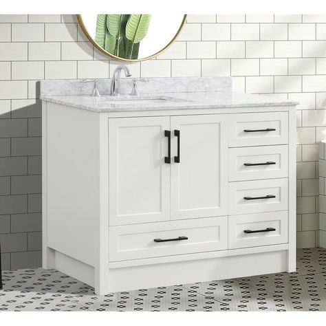 42 Inch Vanity, Transitional Style Bathroom, 42 Inch Bathroom Vanity, Ceramic Undermount Sink, Quiet Morning, Carrara Marble Countertop, Antique Aesthetic, Wood Bathroom Vanity, Single Sink Bathroom