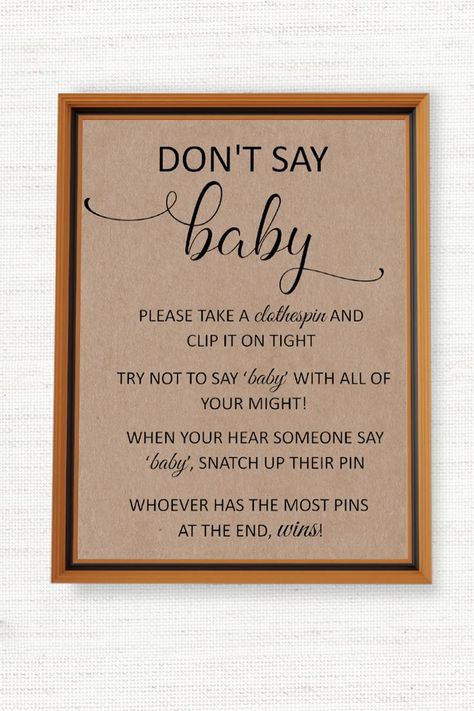 Don't Say Baby Shower Games, rustic don't say baby sign, Don't Say Baby Clothespin Shower Game Table Sign Game Table Sign, Don't Say Baby Game, Dont Say Baby Game, Who Knows Mommy Best, Baby Bingo, Baby Facts, Baby Shower Brunch, Baby Shower Activities, Game Table