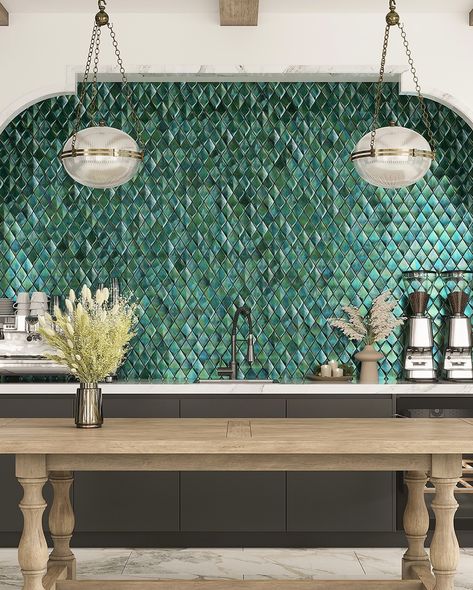 Elevate your space with Tile Club’s Prism Jade cast glass tiles! These gorgeous, beveled mosaics reflect light beautifully, adding a touch of luxury to any wall or pool area. Available in diamond, brick, and hexagon patterns, they bring rich jade hues and a glossy finish to your design. Perfect for creating a stunning focal point in any room. ✨ Green Glass Backsplash Kitchen, Mosaic Tile Countertop, Stained Glass Backsplash, Teal Backsplash Kitchen, Colorful Backsplash Kitchen, Green Glass Tile Backsplash, Green Backsplash Kitchen, Emerald Green Tile, Colorful Kitchen Backsplash