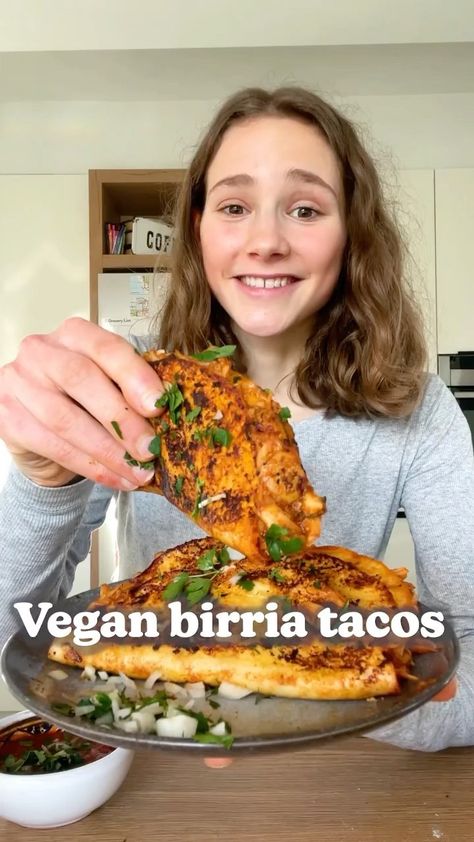 vegan_govegan on Instagram: VEGAN BIRRIA TACOS 🌮 By @fitgreenmind RECIPE (6 tacos each 175cal/5P/25C/4F): Sauce: -1 big onion -3 cloves garlic FRY in oil until soft… Vegan Birria Tacos, Vegan For A Week, Vegan Recepies, Birria Tacos, Mexican Recipe, Vegan Challenge, Plant Based Cookbook, Vegan Tacos, Vegan Meal Plans