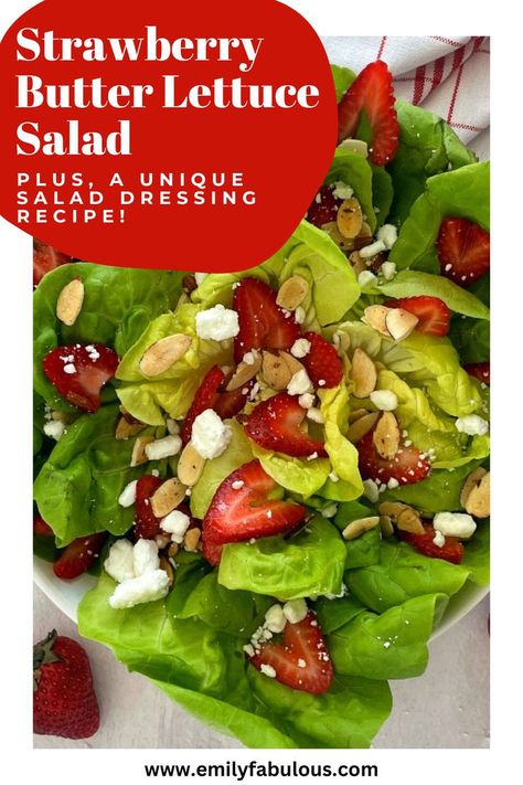 a butter lettuce salad with strawberries, goat cheese, and almonds Strawberry Lettuce Salad, Butter Lettuce Salad, Strawberry Vinaigrette, Strawberry Butter, Butter Lettuce, Salad Diet, Candied Almonds, Harvest Salad, Vegetarian Salad Recipes